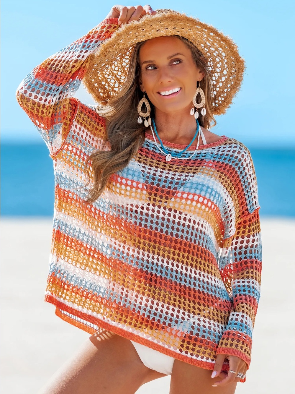 Cupshe Orange Multi Striped Open-Knit Beach Coverup Sweater